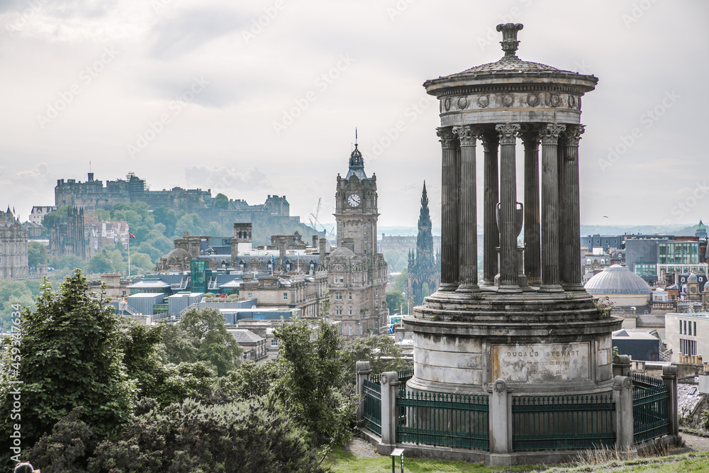Edinburg view from Calton hill. View include Edinburg castle, Balmoral hotel tower, Dugald Stewart Monument. Scotland, UK