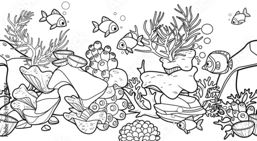 Horizontal seamless background from seabed and its inhabitants coral, anemones, seaweed, flock of fishes linear drawing for coloring page