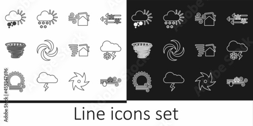 Set line Wind and rain with snow, Cloud lightning, Tornado swirl, Cloudy, and icon. Vector