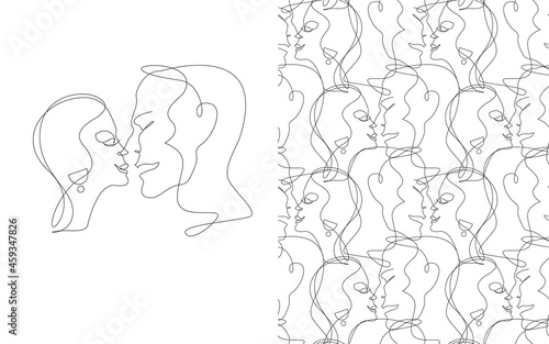 Fototapeta Naklejka Na Ścianę i Meble -  set of abstract portrait of lovers who kiss in one line isolated on white background for poster or print as well as embossing and seamless pattern for textile and surface design
