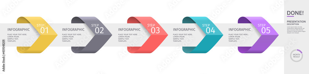 Infographic arrows with 5 step up options and elements. Vector template in flat design style, pastel colors - obrazy, fototapety, plakaty 
