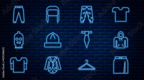 Set line Skirt, Hoodie, Camouflage cargo pants, Winter hat, Balaclava, Sport, Tie and with ear flaps icon. Vector