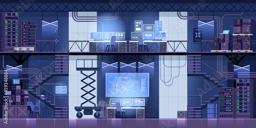 Server room with equipment horizontal background. Server racks, desktops with computers, screens for monitoring and data analysis. Abstract industrial panorama. Vector illustration in flat style