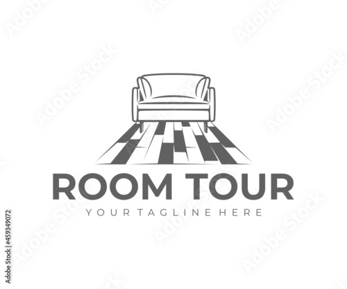 Room tour, interior, sofa and laminate floor, logo design. Home interior, furniture, living room and armchair, vector design and illustration