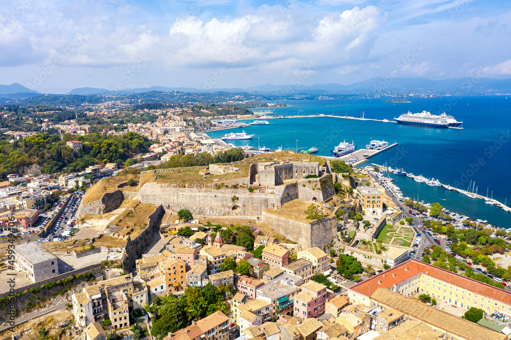 Aerial drone view of Kerkyra with new Fortress and port during summer sunny day. Corfu island, Greece.
