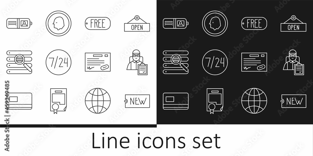 Set line Price tag with text New, Delivery man cardboard boxes, Free, Clock 24 hours, Search in browser window, Wallet, Warranty certificate template and Coin money icon. Vector