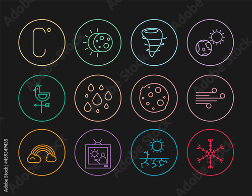 Set line Snowflake, Wind, Tornado, Water drop, Rooster weather vane, Celsius, Moon and Eclipse of sun icon. Vector