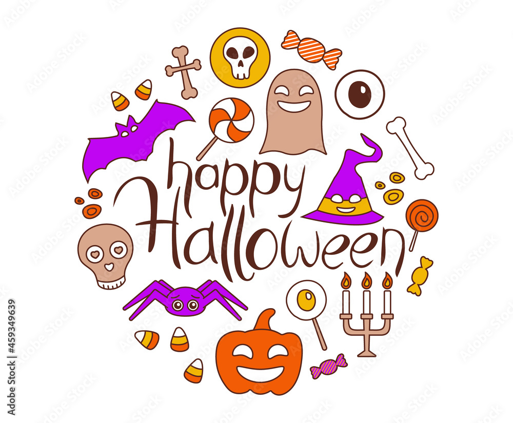 Collection of colored icons with phrase Happy Halloween Collection of colored icons with phrase Happy Halloween