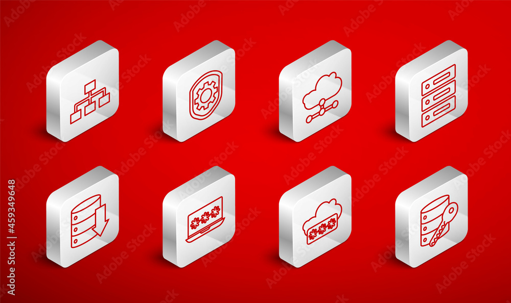 Set line Server security with key, Shield settings gear, Network cloud connection, Server, Data, Web Hosting, Password protection, Hierarchy organogram chart, Laptop password and icon. Vector Set line Server security with key, Shield settings gear, Network cloud connection, Server, Data, Web Hosting, Password protection, Hierarchy organogram chart, Laptop password and icon. Vector