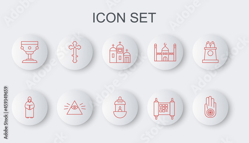 Set line Jainism or Jain Dharma, Monk, Church building, Decree, paper, parchment, scroll, Christian chalice, cross, Masons and Ramadan Kareem lantern icon. Vector