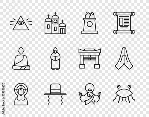 Set line Jesus Christ, Pastafarianism, Stage stand or tribune, Orthodox jewish hat with sidelocks, Masons, Monk, and Hands in praying position icon. Vector