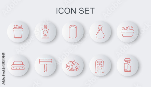 Set line Spray bottle with detergent liquid, Brush for cleaning, Paper towel roll, Wet floor and progress, Bucket soap suds, Hand sanitizer, Rubber cleaner windows and Washing dishes icon. Vector