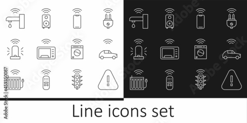 Set line Exclamation mark in triangle, Smart car system with wireless, Wireless smartphone, microwave oven, flasher siren, water tap, washer and stereo speaker icon. Vector