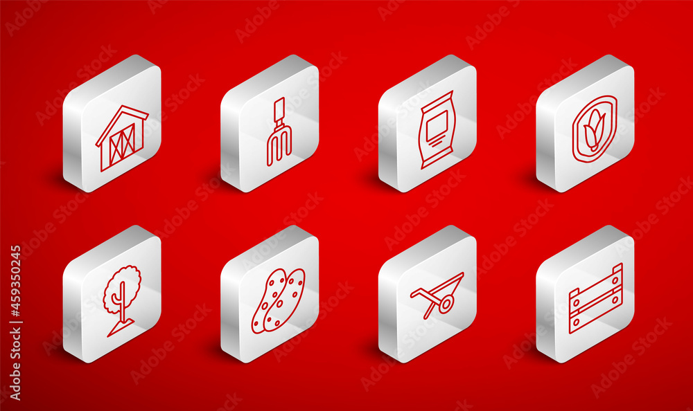 Set line Wooden box, Garden rake, Fertilizer bag, Shield corn, Wheelbarrow, Farm house, Potato and Tree icon. Vector Set line Wooden box, Garden rake, Fertilizer bag, Shield corn, Wheelbarrow, Farm house, Potato and Tree icon. Vector