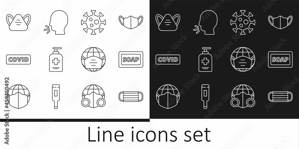 Set line Medical protective mask, Bar of soap, Virus, Liquid antibacterial, Corona virus covid-19, Earth with medical and Man coughing icon. Vector Set line Medical protective mask, Bar of soap, Virus, Liquid antibacterial, Corona virus covid-19, Earth with medical and Man coughing icon. Vector