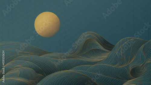Waves and mountains of golden lines on a turquoise background with a moon pattern for use in banner or textile.