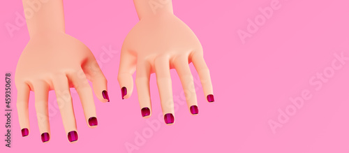 Beautiful female hands, close-up. Hands with manicure, 3d render. Well-groomed hands of a young woman, on a pink background.