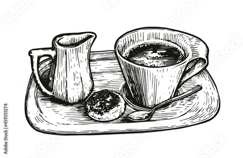 Cup of coffee on tray. Food concept sketch. Vector illustration for cafe or restaurant menu decoration