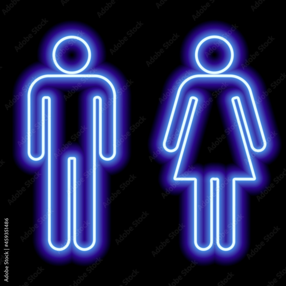 Neon blue symbol of the WC toilet male female on black background. Icon illustration Neon blue symbol of the WC toilet male female on black background. Icon illustration