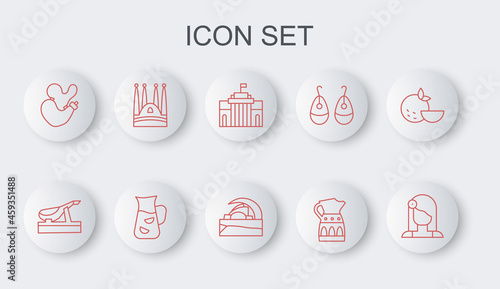 Set line Spanish woman, jamon, Prado museum, Sangria pitcher, wineskin, Sagrada Familia, and Concert hall de Tenerife icon. Vector