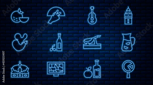 Set line Omelette in frying pan, Sangria, Spanish guitar, Bottle of olive oil, wineskin, Orange fruit, jamon and Fan flamenco icon. Vector
