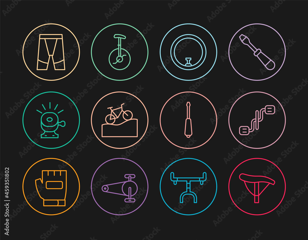 Set line Bicycle seat, pedals, wheel, Mountain bicycle, bell, Cycling shorts, Screwdriver and Unicycle one icon. Vector Set line Bicycle seat, pedals, wheel, Mountain bicycle, bell, Cycling shorts, Screwdriver and Unicycle one icon. Vector