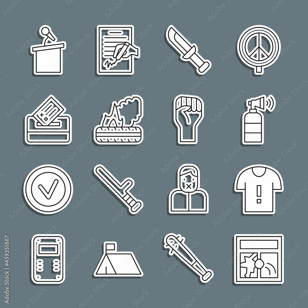 Set line Broken window, T-shirt protest, Air horn, Military knife, Lying burning tires, Vote box, Stage stand tribune and Raised hand with clenched fist icon. Vector Set line Broken window, T-shirt protest, Air horn, Military knife, Lying burning tires, Vote box, Stage stand tribune and Raised hand with clenched fist icon. Vector