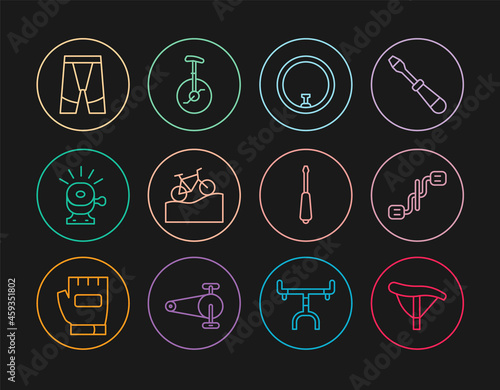 Set line Bicycle seat, pedals, wheel, Mountain bicycle, bell, Cycling shorts, Screwdriver and Unicycle one icon. Vector