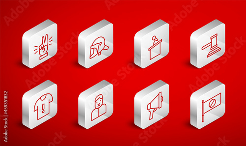 Set line Protest, Police helmet, Stage stand or tribune, Judge gavel, Megaphone, Hand showing two finger, Censor freedom of speech and T-shirt protest icon. Vector