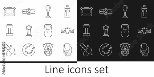 Set line Boxing glove, belt, Punching bag, Award cup, Dumbbell, Stopwatch, Kettlebell and icon. Vector