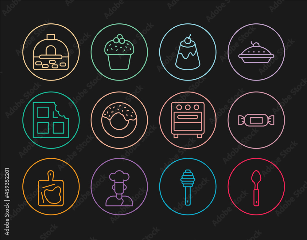 Set line Spoon, Candy, Pudding custard, Donut, Chocolate bar, Brick stove, Oven and Cake icon. Vector Set line Spoon, Candy, Pudding custard, Donut, Chocolate bar, Brick stove, Oven and Cake icon. Vector