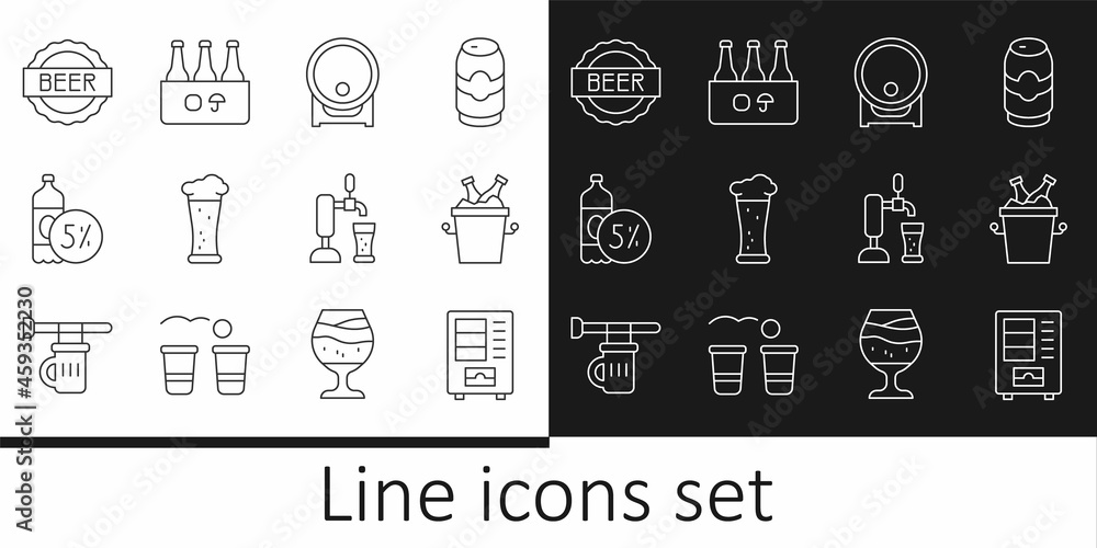 Set line Vending machine, Beer bottles ice bucket, Wooden barrel on rack, Glass of beer, Bottle cap with, tap glass and Pack icon. Vector