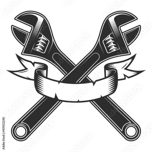 Wrench tools with ribbon vector icon. Construction spanner logo design element. Plumbing Key tool isolated on white background.