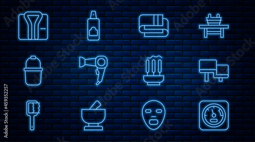 Set line Sauna thermometer, wood bench, Towel stack, Hair dryer, bucket, Bathrobe, Incense sticks and Spray can for hairspray icon. Vector