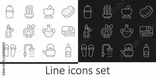 Set line Spray can for hairspray, Towel stack, Mortar and pestle, Aftershave, Essential oil bottle, Sauna bucket, and Incense sticks icon. Vector