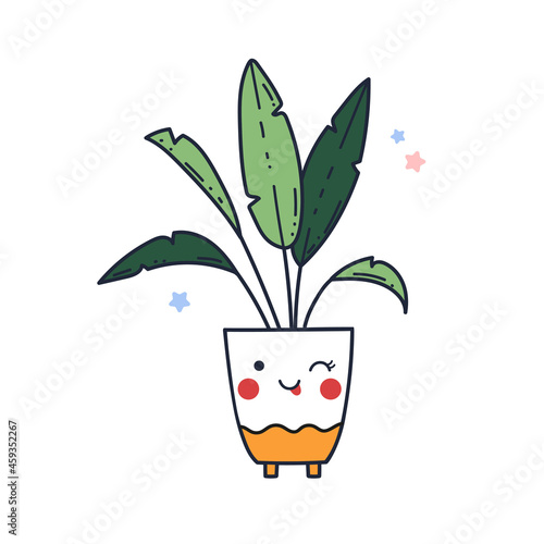Hand-drawn funny flower in a flower pot. Cute vector illustration in doodle style isolated on white background