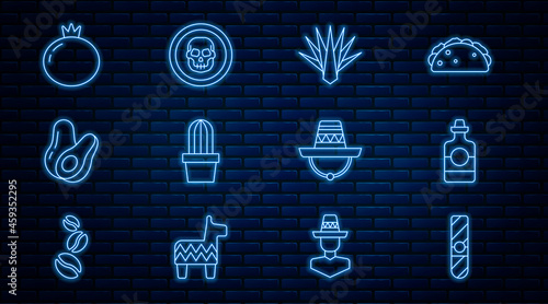 Set line Cigar, Tequila bottle, Agave, Cactus or succulent in pot, Avocado fruit, Tomato, Mexican sombrero and skull coin icon. Vector