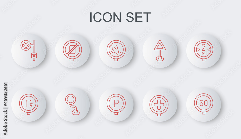 Set line Speed limit traffic, Turn back road sign, Road warning rockfall, Hospital, Stop with camera, No cell phone, and Parking icon. Vector Set line Speed limit traffic, Turn back road sign, Road warning rockfall, Hospital, Stop with camera, No cell phone, and Parking icon. Vector