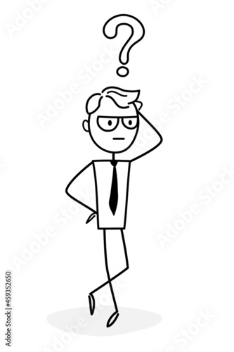 Business concept for web design. A businessman taking part in business activity. The outline of a vector funny illustration. An entrepreneur developing ideas, solves a difficult problem.