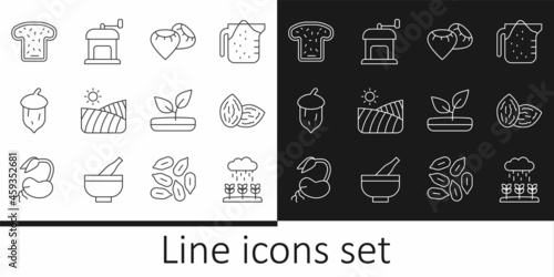 Set line Plant sprouts grow in the rain, Seed, Agriculture wheat field, Acorn, oak nut, seed, Bread toast, Sprout and Manual coffee grinder icon. Vector