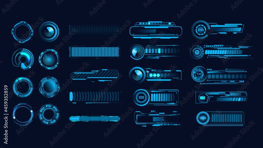 Sci Fi, HUD progress loading bars collection. Digital download progress or status bars of the digital interface head-up display, neon indicators of the download process. Loading bar design on display 