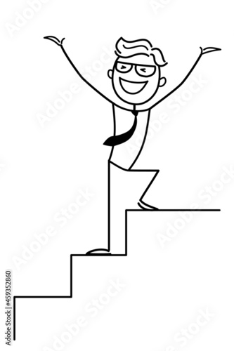 Business concept for web design. A businessman taking part in business activity. The outline of a vector funny, illustration. The entrepreneur successfully solved the problem, has reached the goal. 