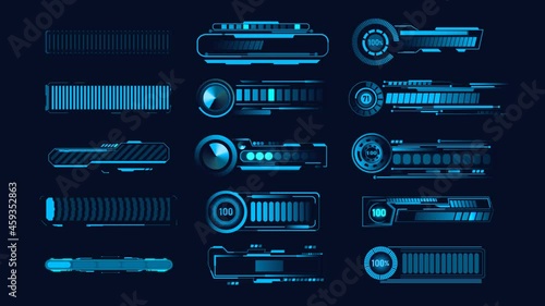 Sci Fi, HUD progress loading bars collection. Digital download progress or status bars of the digital interface head-up display, neon indicators of the download process. Loading Bar 4K stock video 