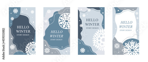 Winter story template for social media, blue background with snowflakes, vector illustration