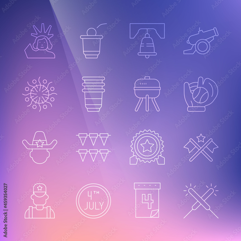 Set line Sparkler firework, American flag, Baseball glove with ball, Liberty bell in Philadelphia, Paper glass, Firework, Statue of and Barbecue grill icon. Vector