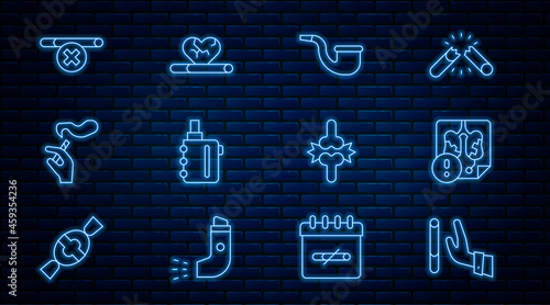 Set line Giving up cigarette, Disease lungs, No pipe smoking, Electronic, Hand with, Joint pain, knee pain and Heart disease icon. Vector