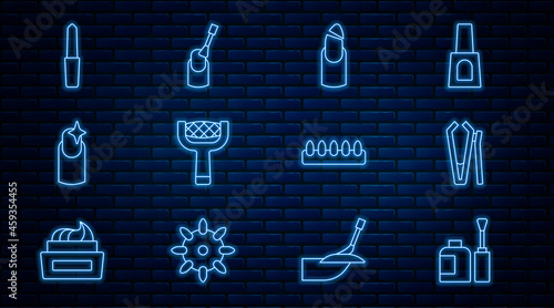 Set line Bottle of nail polish, Nail cutter, Broken, file, manicure, False nails and icon. Vector