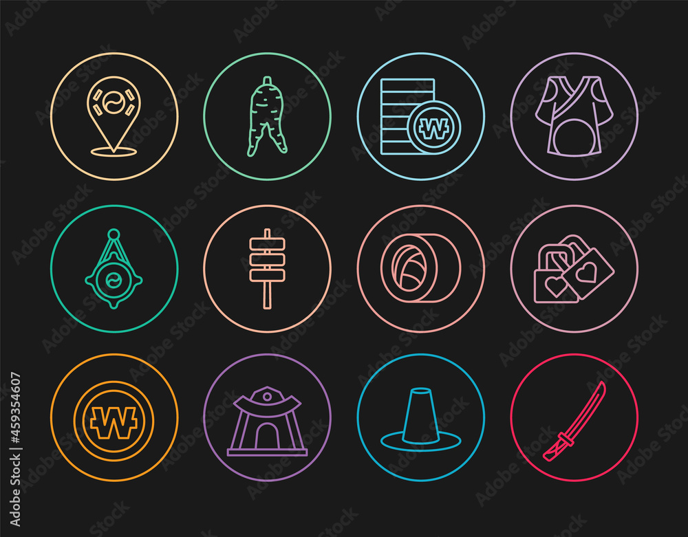 Set line Katana, Lock with heart, South Korean won coin, food tokpokki, lantern, Location, Sushi and Ginseng root icon. Vector Set line Katana, Lock with heart, South Korean won coin, food tokpokki, lantern, Location, Sushi and Ginseng root icon. Vector