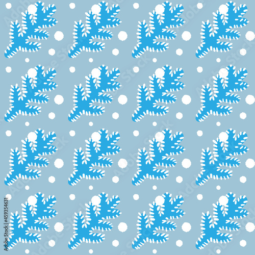 Christmas seamless pattern with fir tree branch and snow. Xmas, New Year, winter holidays design. Blue, gray, white colors