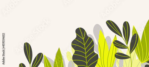 Floral web banner with drawn color exotic leaves. Nature concept design. Modern floral compositions with summer branches. Vector illustration on the theme of ecology, natura, environment
